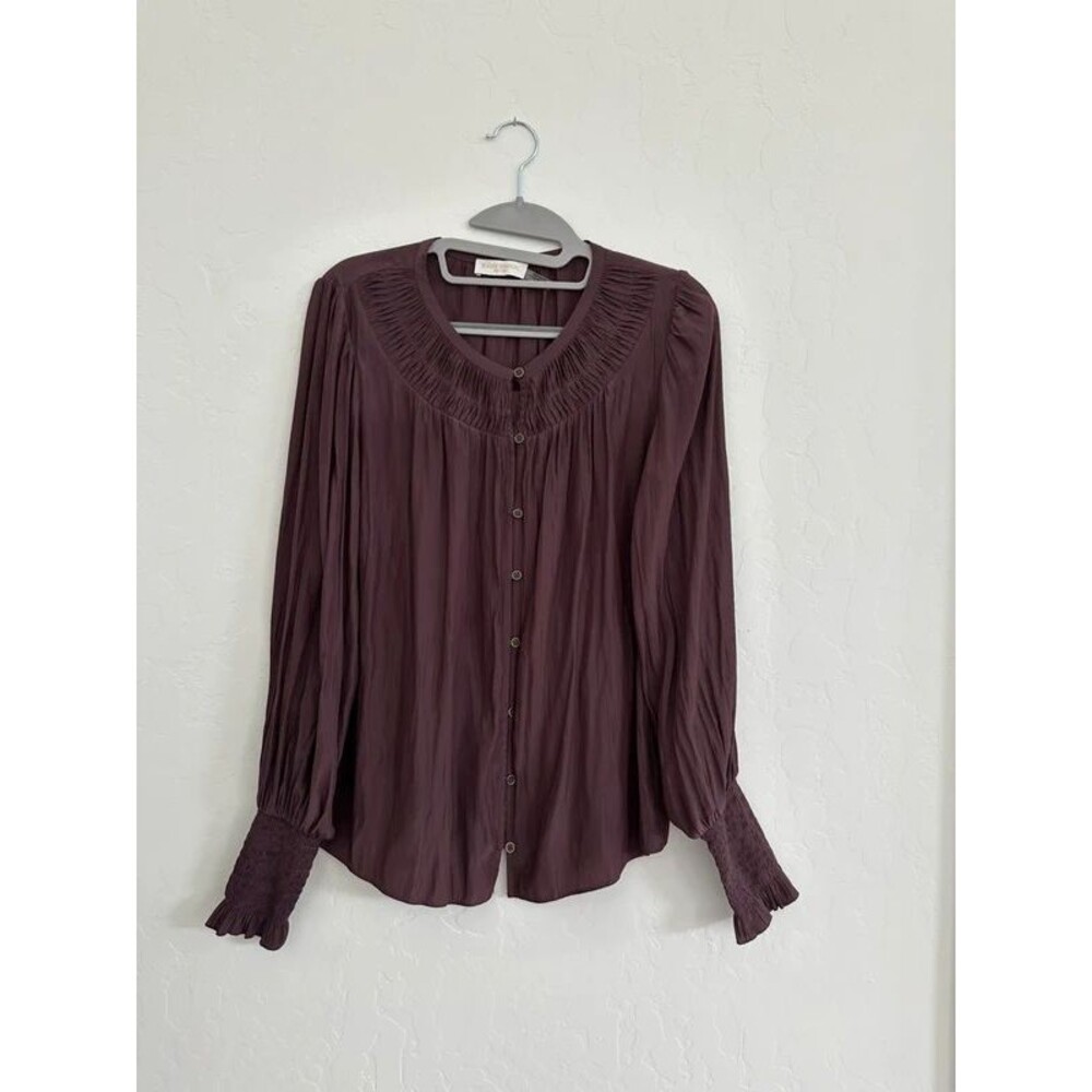 Ramy Brook XXS Plum Purple Smocked Cuff Button Front Blouse Romantic Boho